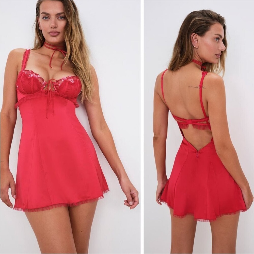 New! For Love & Lemons Red Evie Slip Dress embroidered lace nwot 51381 - Picture 8 of 14
